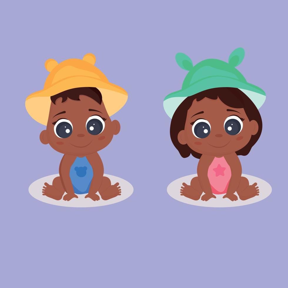 niño y niña negros. niño y niña recién nacidos. ilustración de un niño y una niña negros. bebé negro bebé recién nacido sentado en un panamá. vector