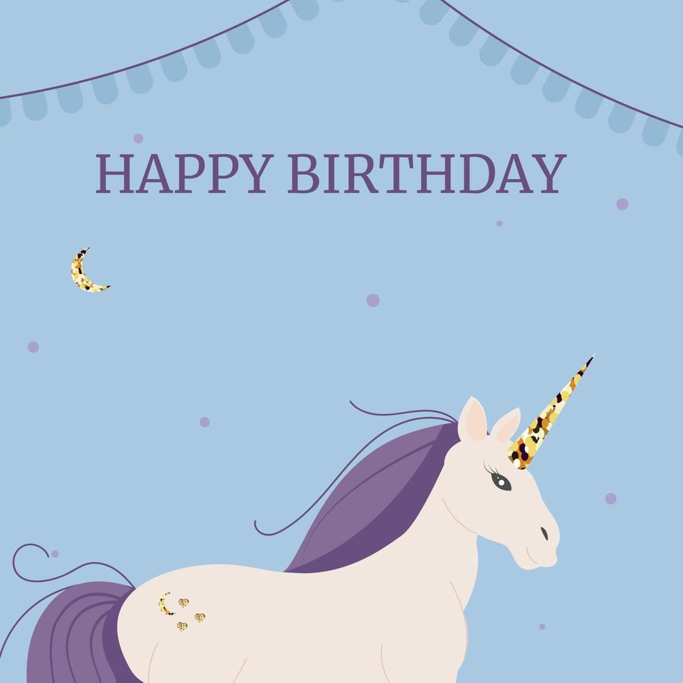 Unicorn birthday card with golden horn with decoration vector