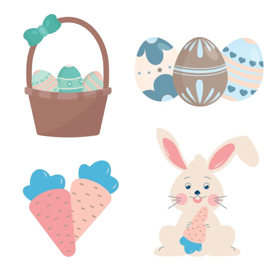 liebre de pascua, canasta, huevos, juego de zanahorias vector