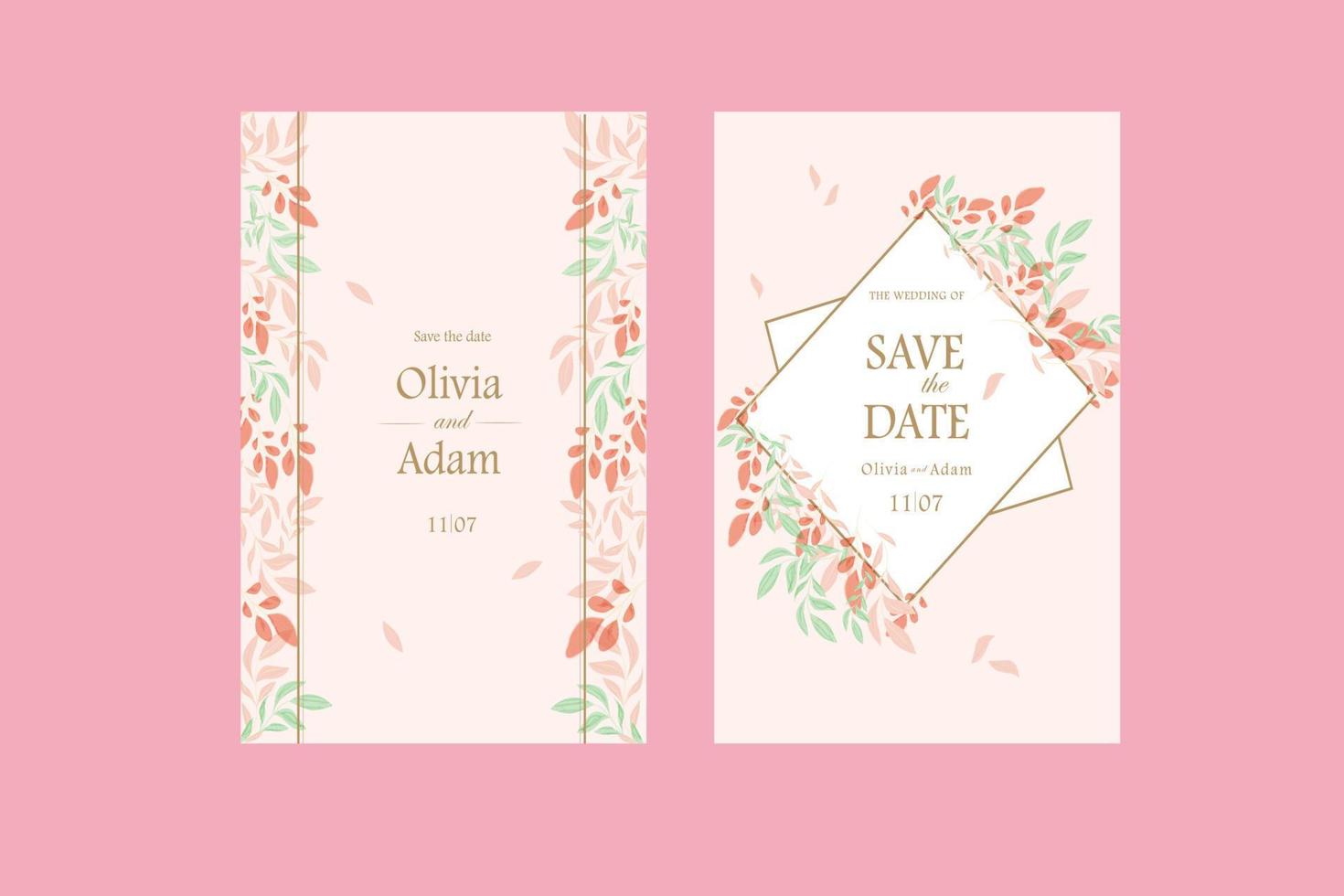 Wedding invitation with leaves in light pink vector