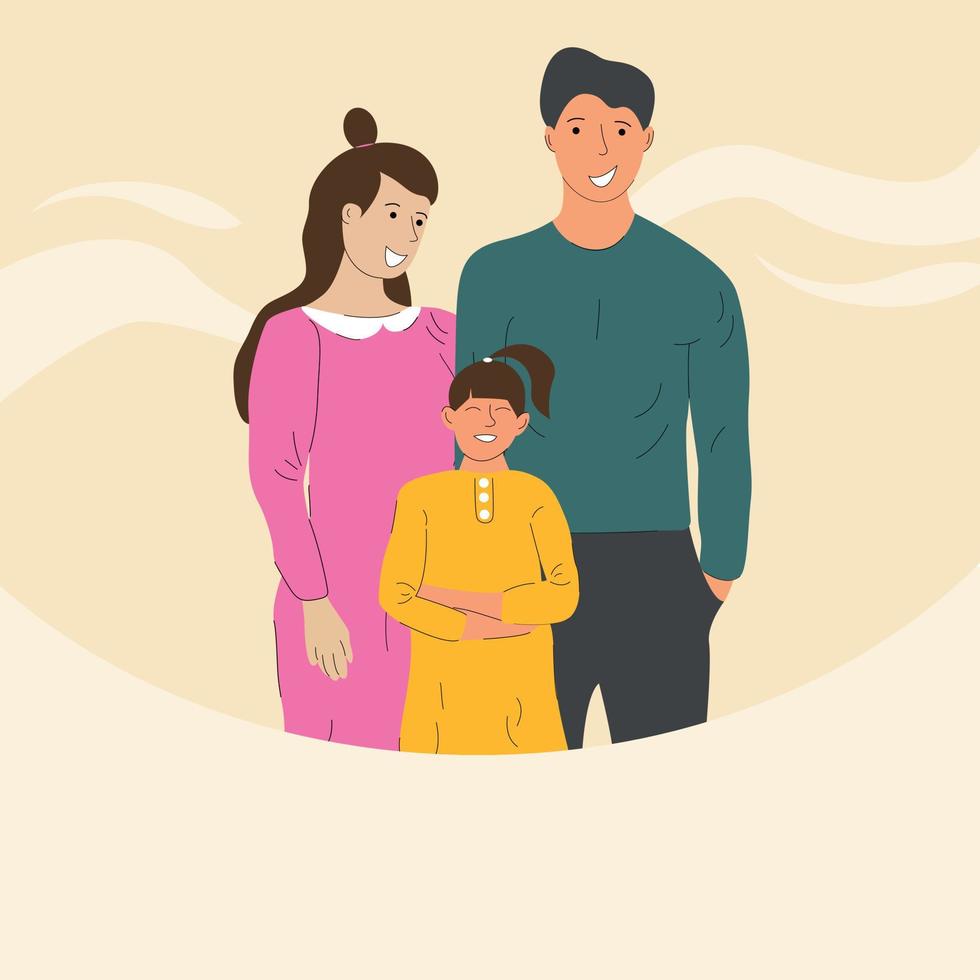 una familia de tres. papá, mamá e hija en rosa, amarillo y verde. vector