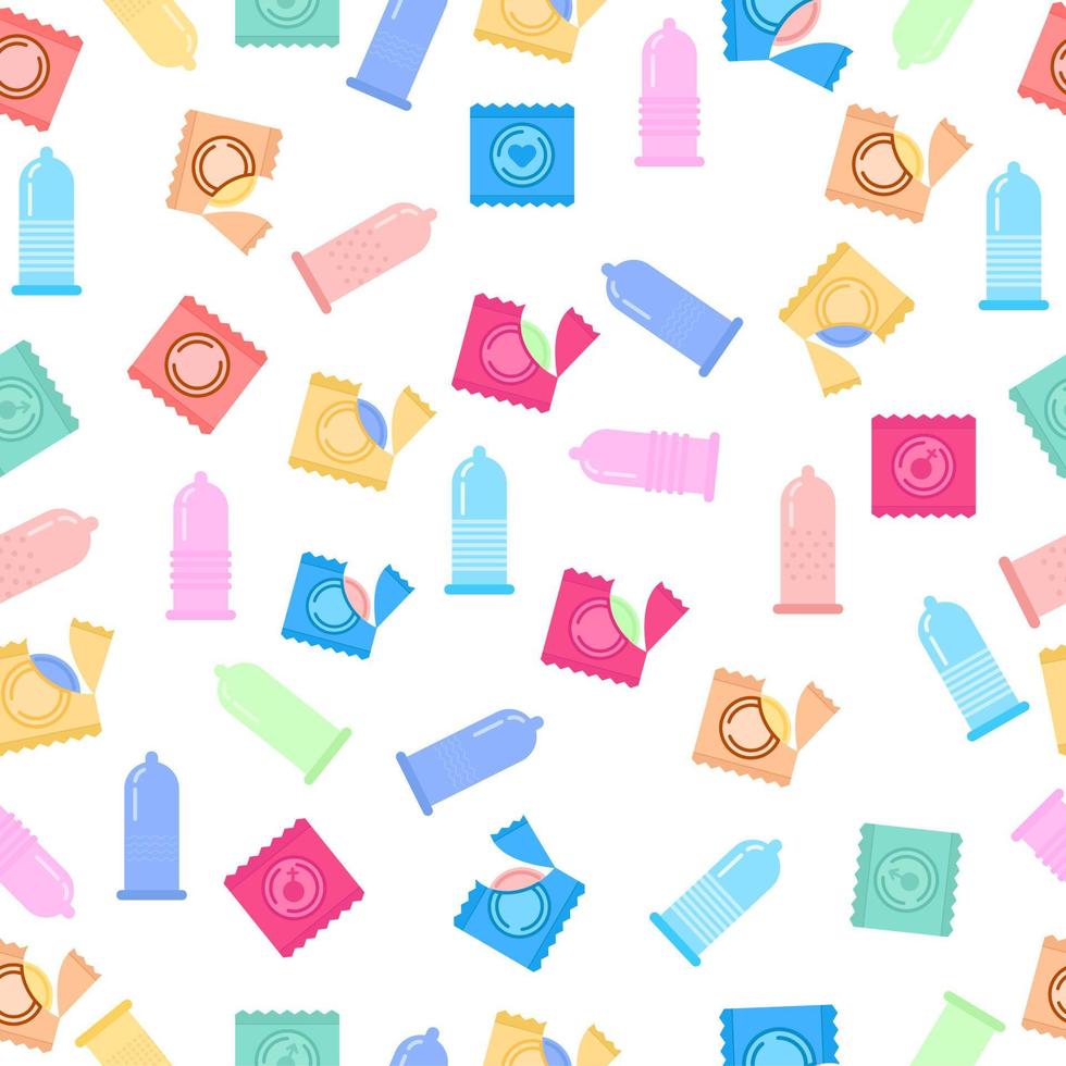 Seamless pattern of different condoms, line style packages vector