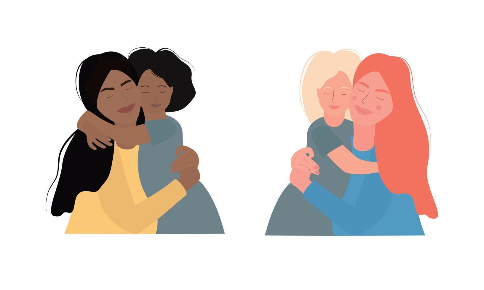 Mom and daughter pale and black in an embrace. Family vector