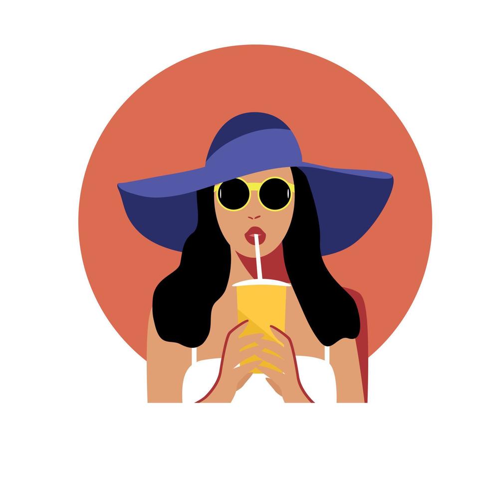 Summer Girl. Poster with a girl of summer. Girl in a hat and glasses. A woman and a drink. vector