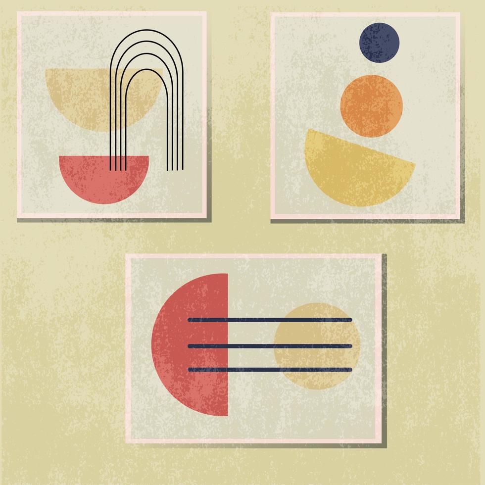 Set Contemporary abstract geometric poster with grunge texture on a light coloured background. Circle, oval, lines, rainbow in yellow, blue, red. vector