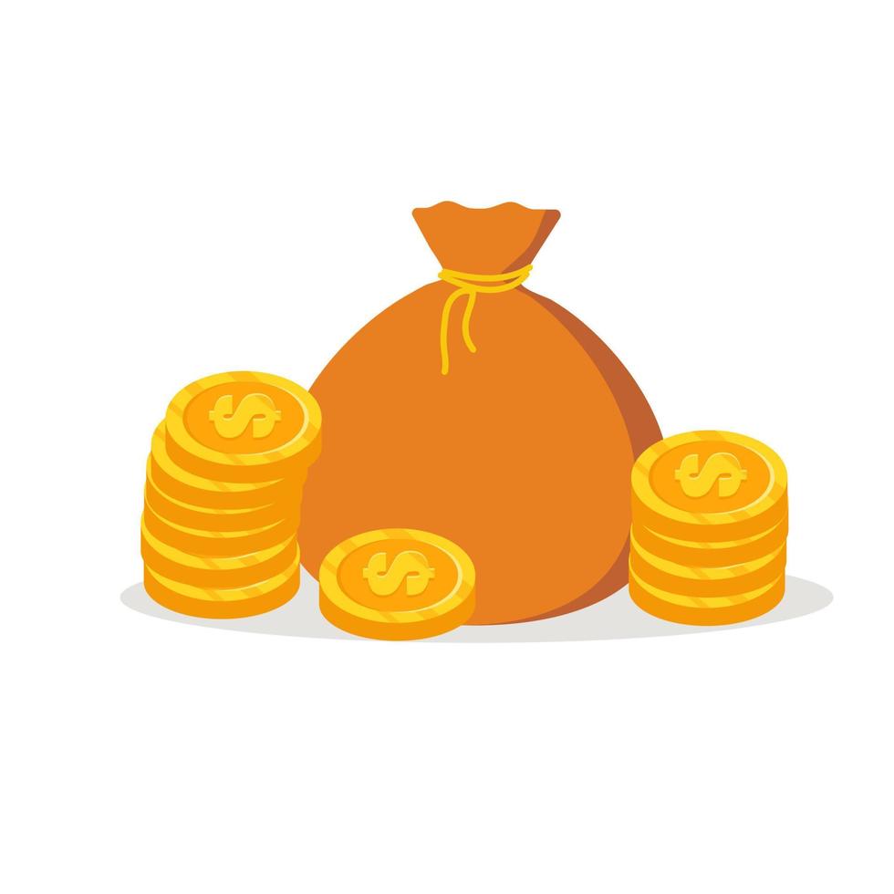 Bag of money with dollar coins. Vector image, isolated on white background