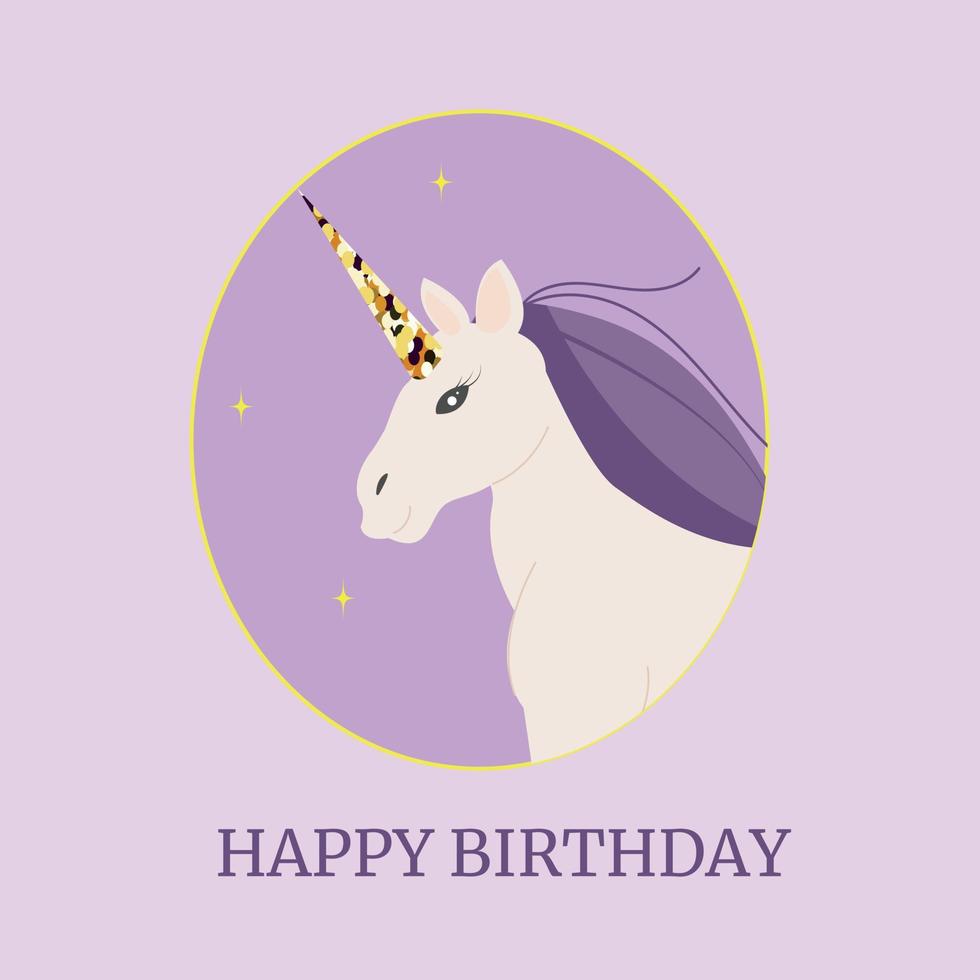 Unicorn birthday card with gold horn framed vector