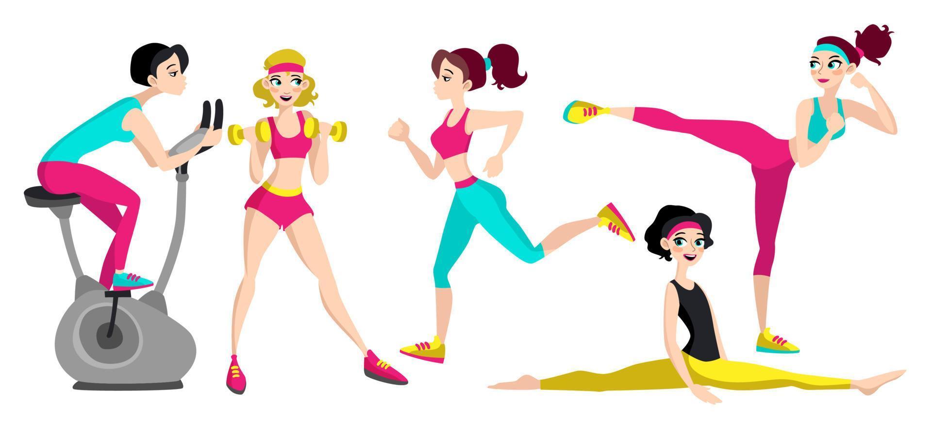 Fitness set with different women. vector