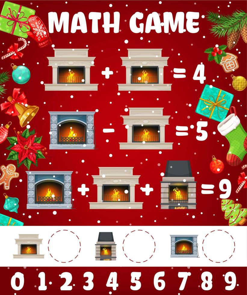 Christmas fireplace and hearth math game worksheet vector