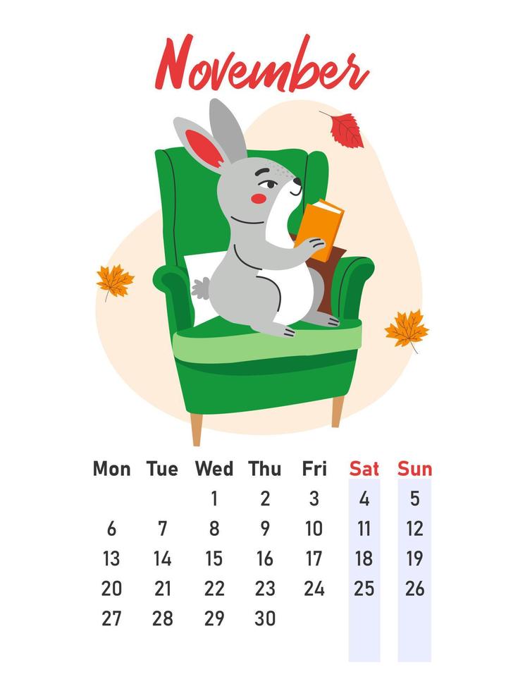 November 2023 calendar. The hare sits in a armchair and reads. Flat vector illustration.