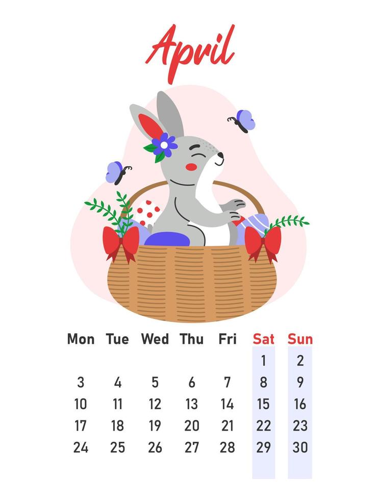 April 2023 calendar. The hare sits in a wicker basket with Easter eggs. Flat vector illustration.