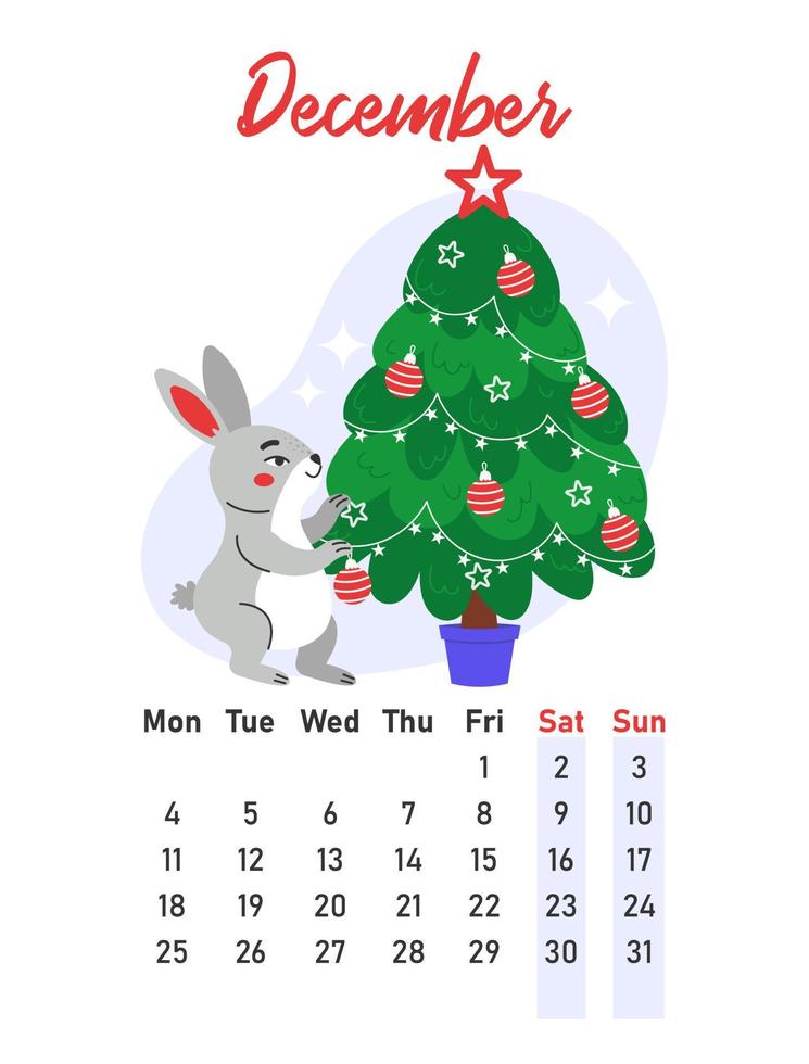December 2023 calendar. The hare decorates the Christmas tree with balls and stars. Flat vector illustration.