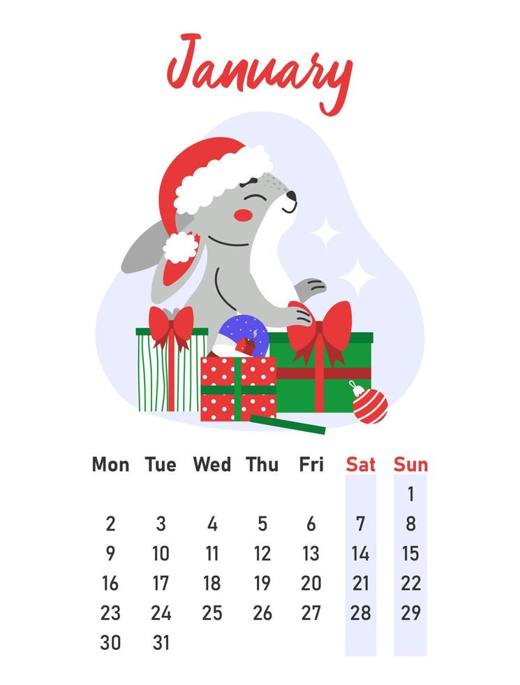 January 2023 calendar. The hare with a Santa hat sits among Christmas presents. Flat vector illustration.
