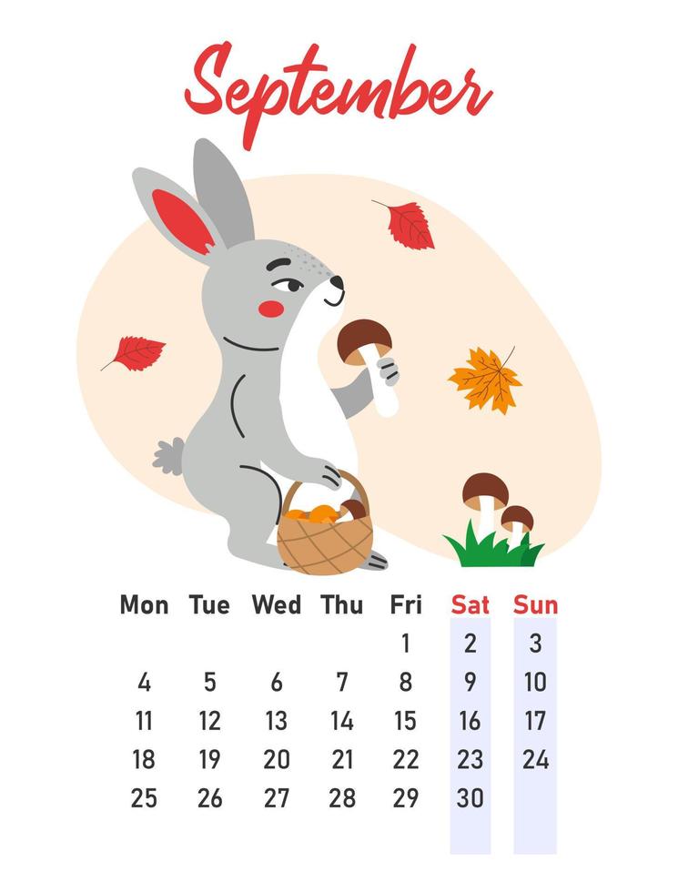 September 2023 calendar. The hare is picking mushrooms. Flat vector illustration.