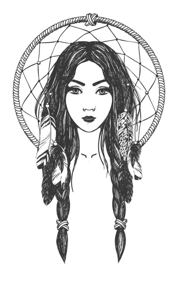 Woman with feathers and dreamcatcher. vector