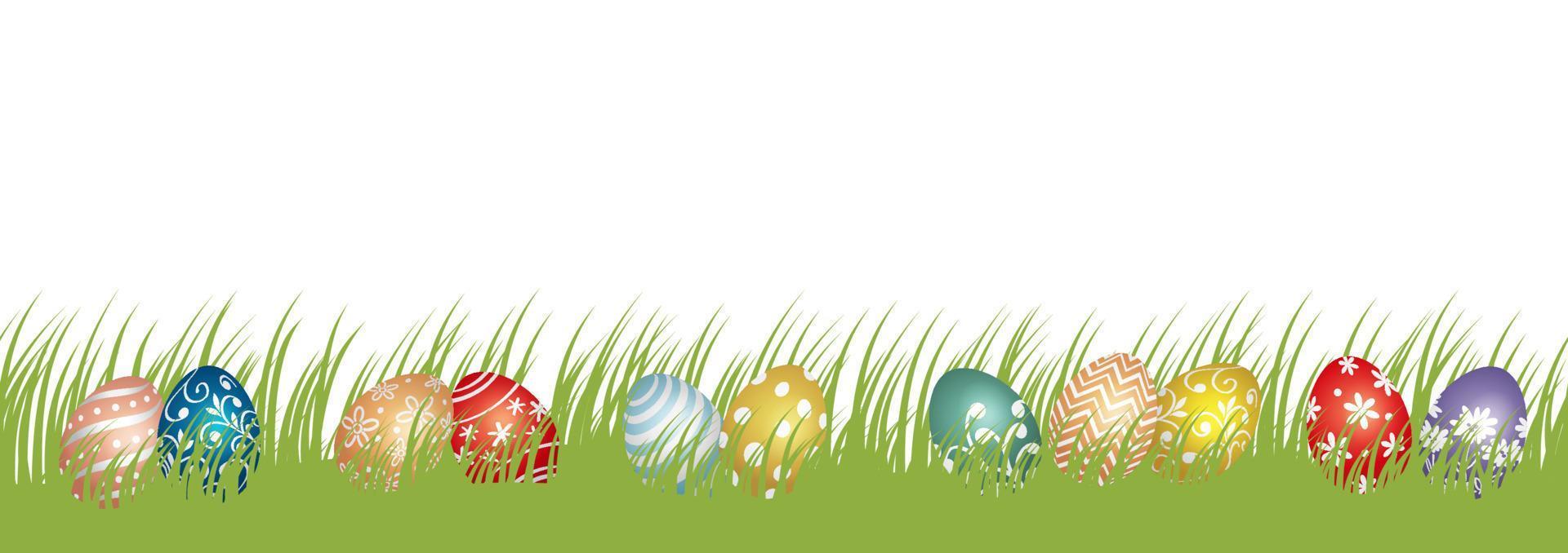 ilustración de fondo de vector de pascua con campo de hierba, huevos coloridos y espacio de texto aislado en un fondo blanco.