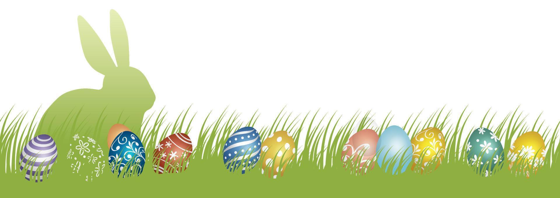 Easter Vector Background Illustration With Grassy Field, A Rabbit Silhouette, And Colorful Eggs Isolated On A White Background.