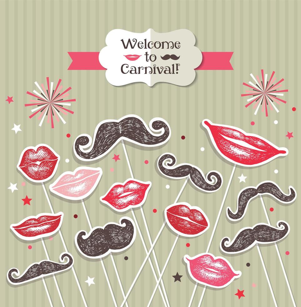 Stickers collection of mustaches and lips. Vector illustration.