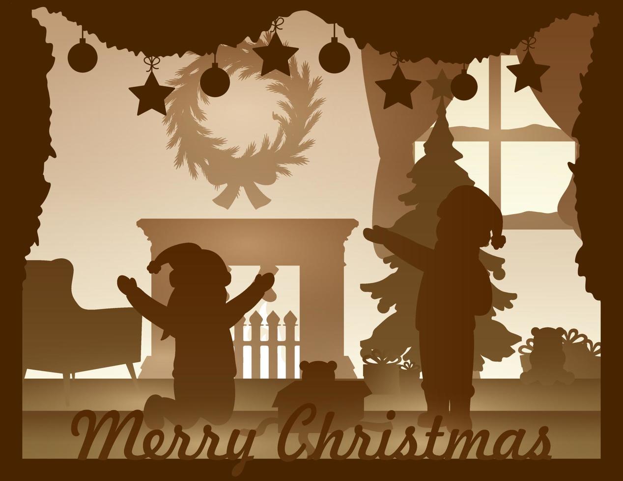 Happy Kids Silhouette Opens gifts at Christmas Celebration. Happy Kids Celebrate Christmas Indoors with some christmas decorations vector