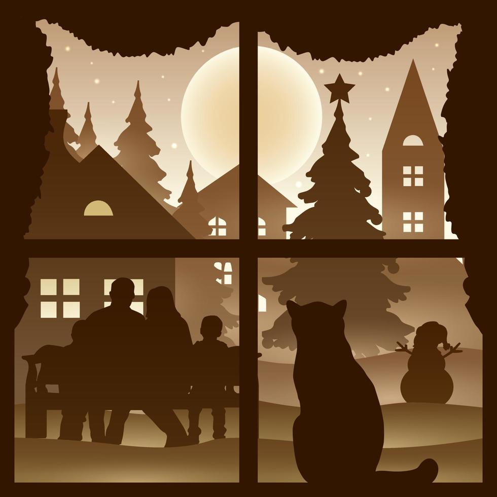 silueta familiar feliz celebrando la navidad con un gato mirando desde la ventana. feliz navidad tarjeta de felicitacion vector