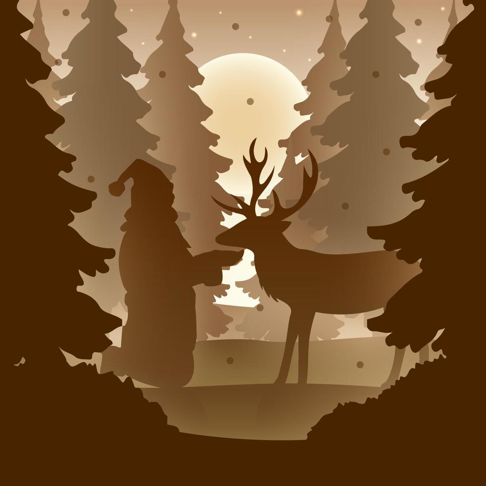 siluetas de santa y renos en el bosque de pinos en la celebración de navidad. feliz navidad tarjeta de felicitacion vector