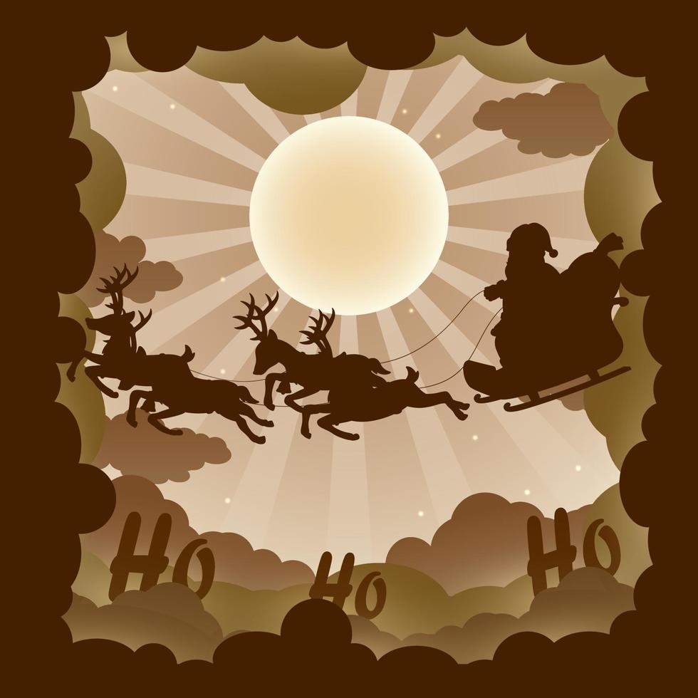 Santa Claus riding in a sledge. Santa's sleigh silhouettes with reindeer on background of night sky with moon. Merry Christmas Greeting Card vector