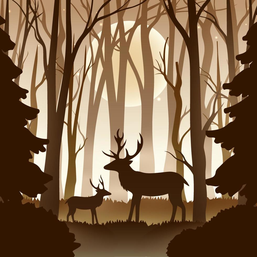 Christmas Reindeer Silhouette in the Middle of the Forest. Merry Christmas Greeting Card vector