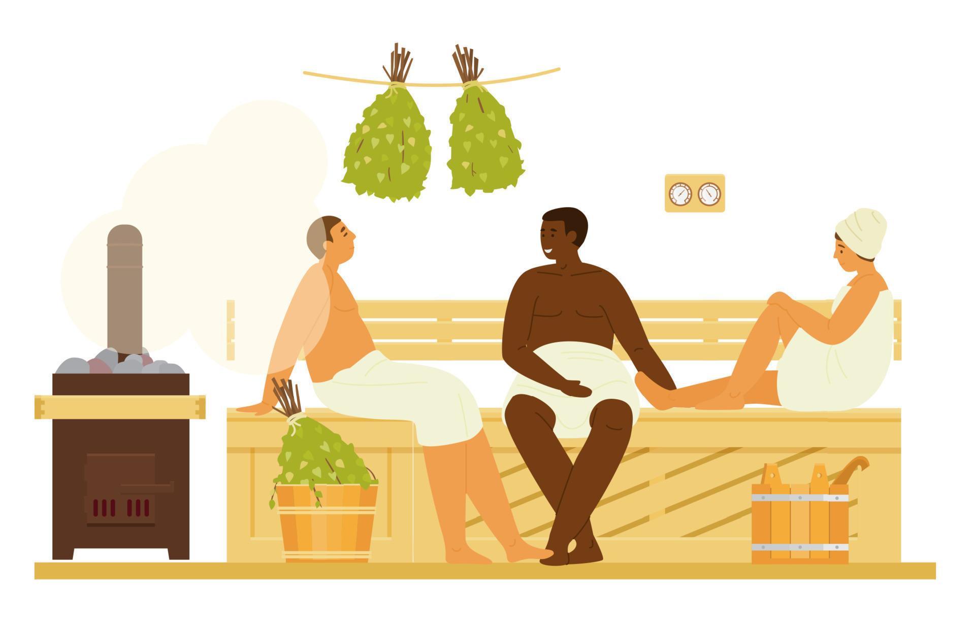 Men And Women In Towels In Sauna Or Banya With Steam Relaxing. Bathhouse Interior Wooden Bench