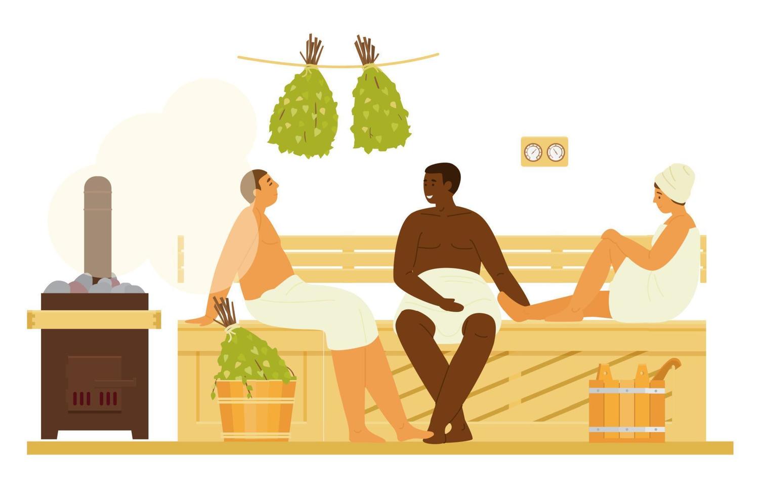 hombres y mujeres en toallas en sauna o banya con vapor relajante. banco de madera interior de la casa de baños, escobas de abedul, estufa con leña, baldes, termómetro, aceites esenciales. ilustración vectorial plana. vector