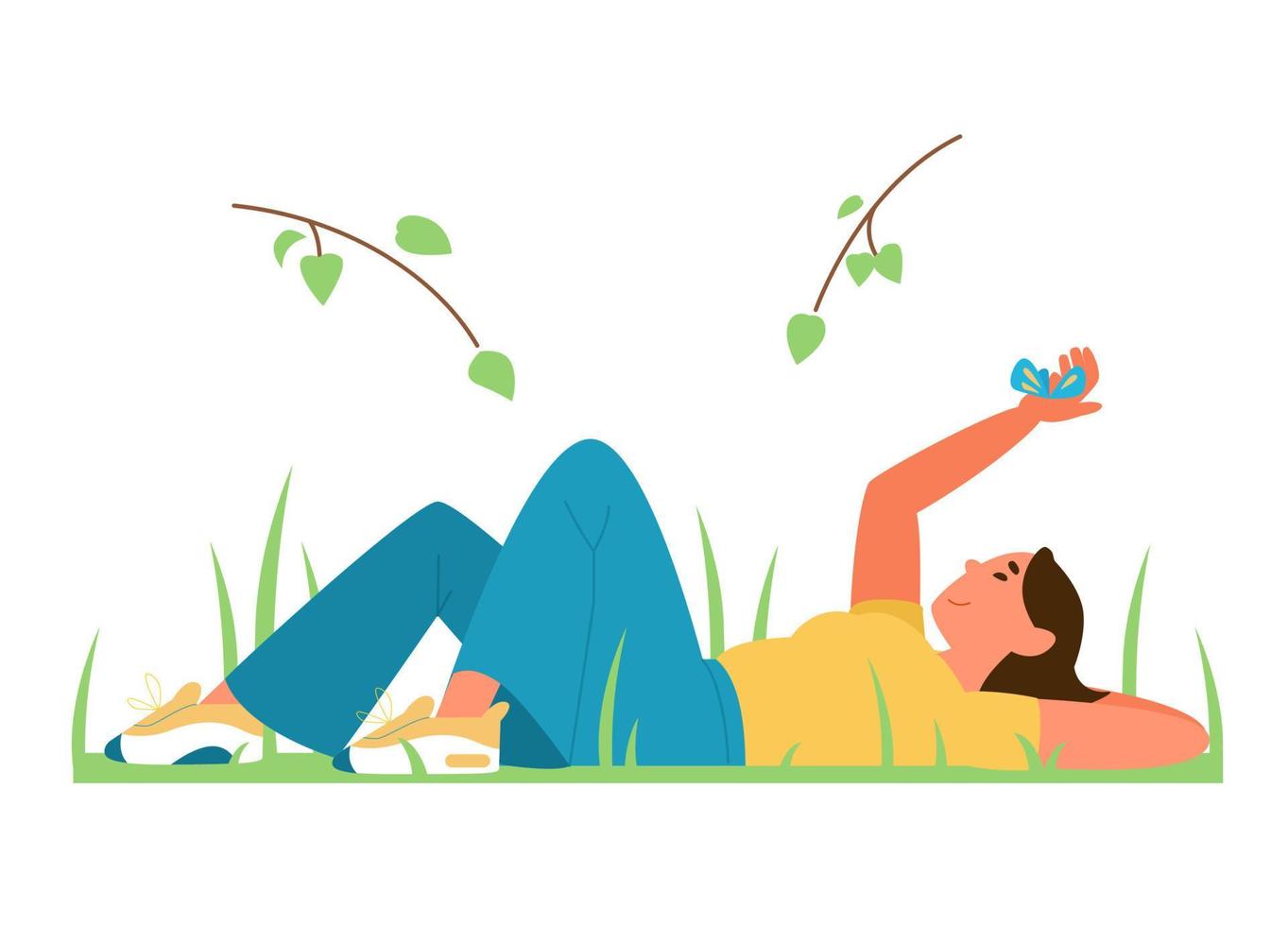 Harmony With Nature And Yourself Concept Flat Vector Illustration. Young Woman Laying On The Grass Holding Butterfly On Her Hand.