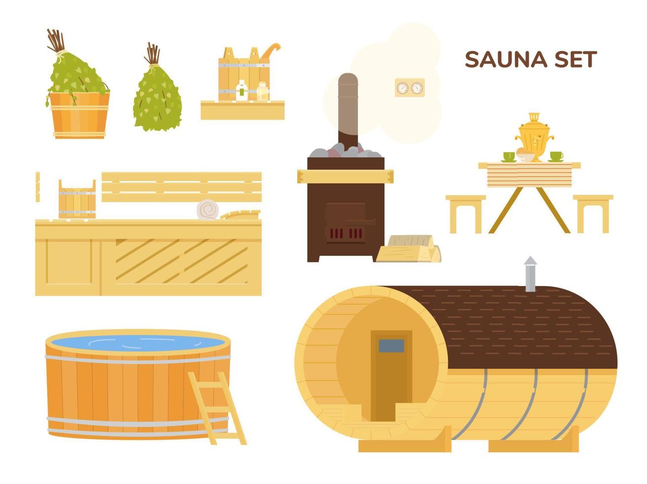 conjunto de elementos de sauna de vector plano. casa de baños de madera, piscina, barril de baño, mesa de té con samovar, escobas de abedul, estufa con leña, baldes, termómetro, aceites esenciales.