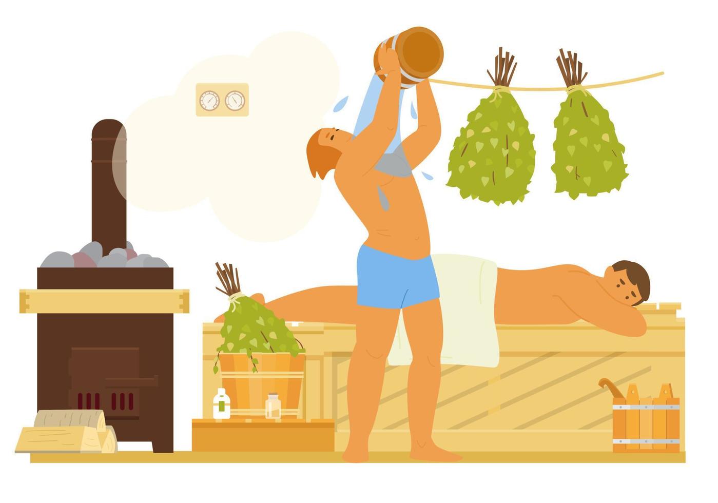 Men In Sauna Relaxing, Pouring Water. Bathhouse Interior Wooden Bench, Birch Brooms, Stove With Firewood, Buckets, Thermometer, Eseential Oils. Flat Vector Illustration.