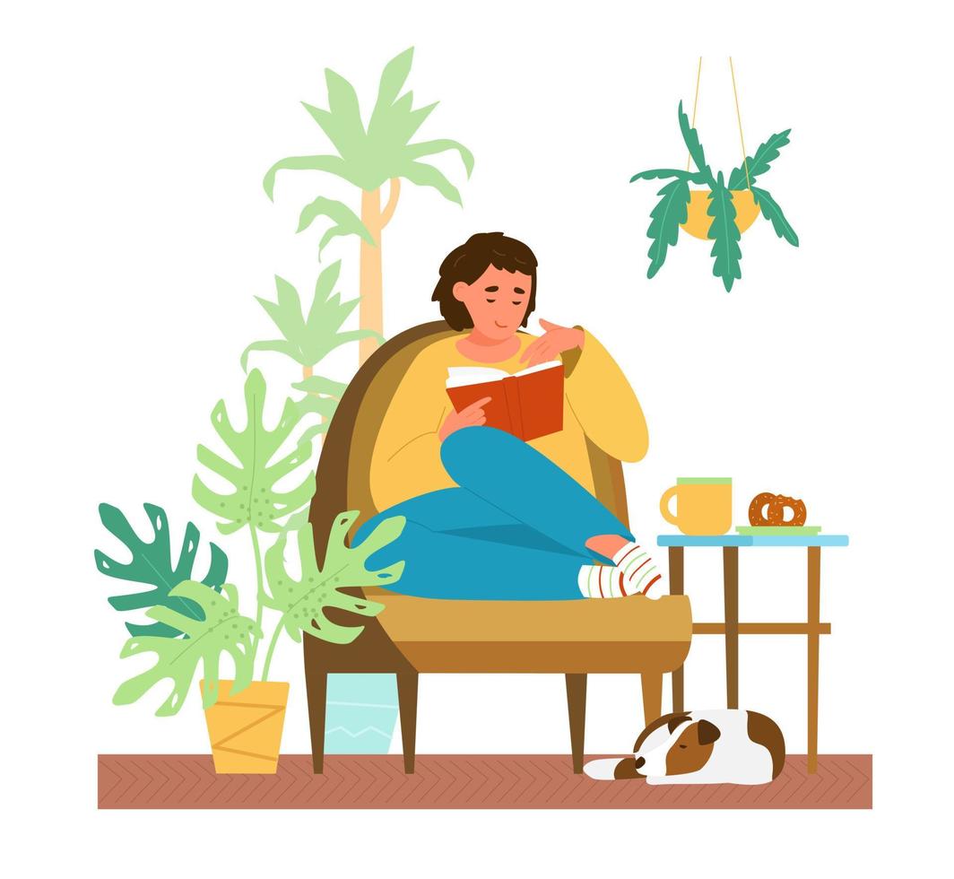 Young Woman Reading A Book At Home In Cozy Armchair Surrounded With Plants Dog Sleeping On The Floor. Self-care And Time For Yourself Concept. vector