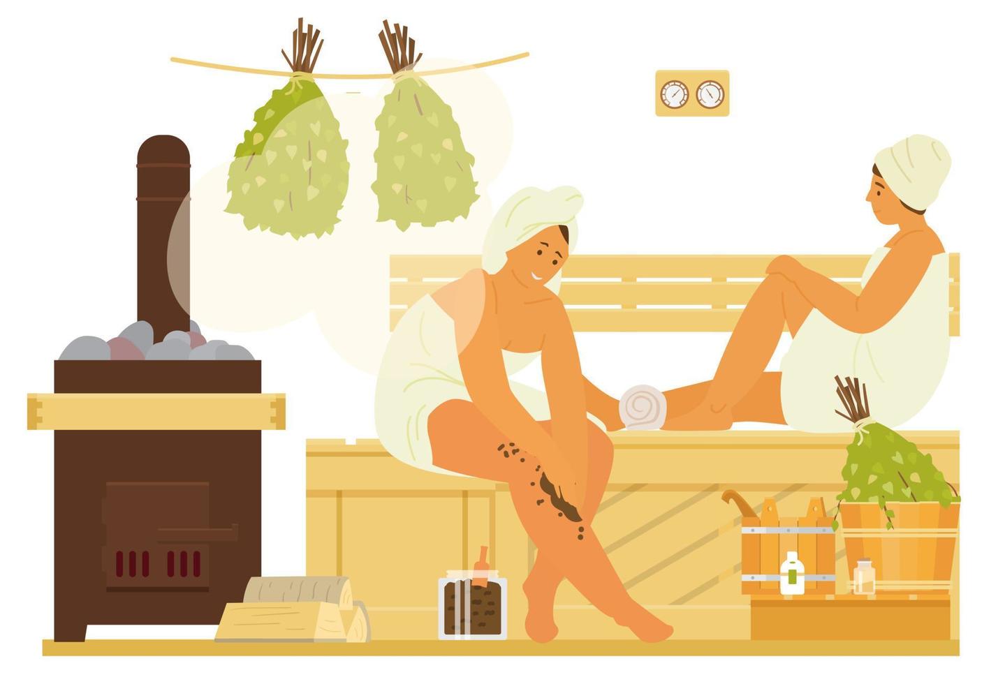 Women In Towels In Sauna Relaxing, Using Body Scrub. Steam Bath Interior with Stove, Bench, Buckets, Burch Brooms. Flat Vector Illustration.