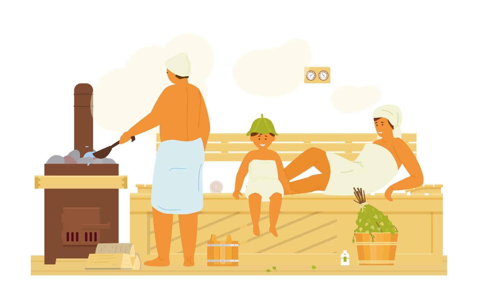 Family In Sauna Taking Steam Bath. Healthy Lifestyle. Bathhouse Interior with Heater, Brooms, Buckets, Bench. Flat Vector Illustration.