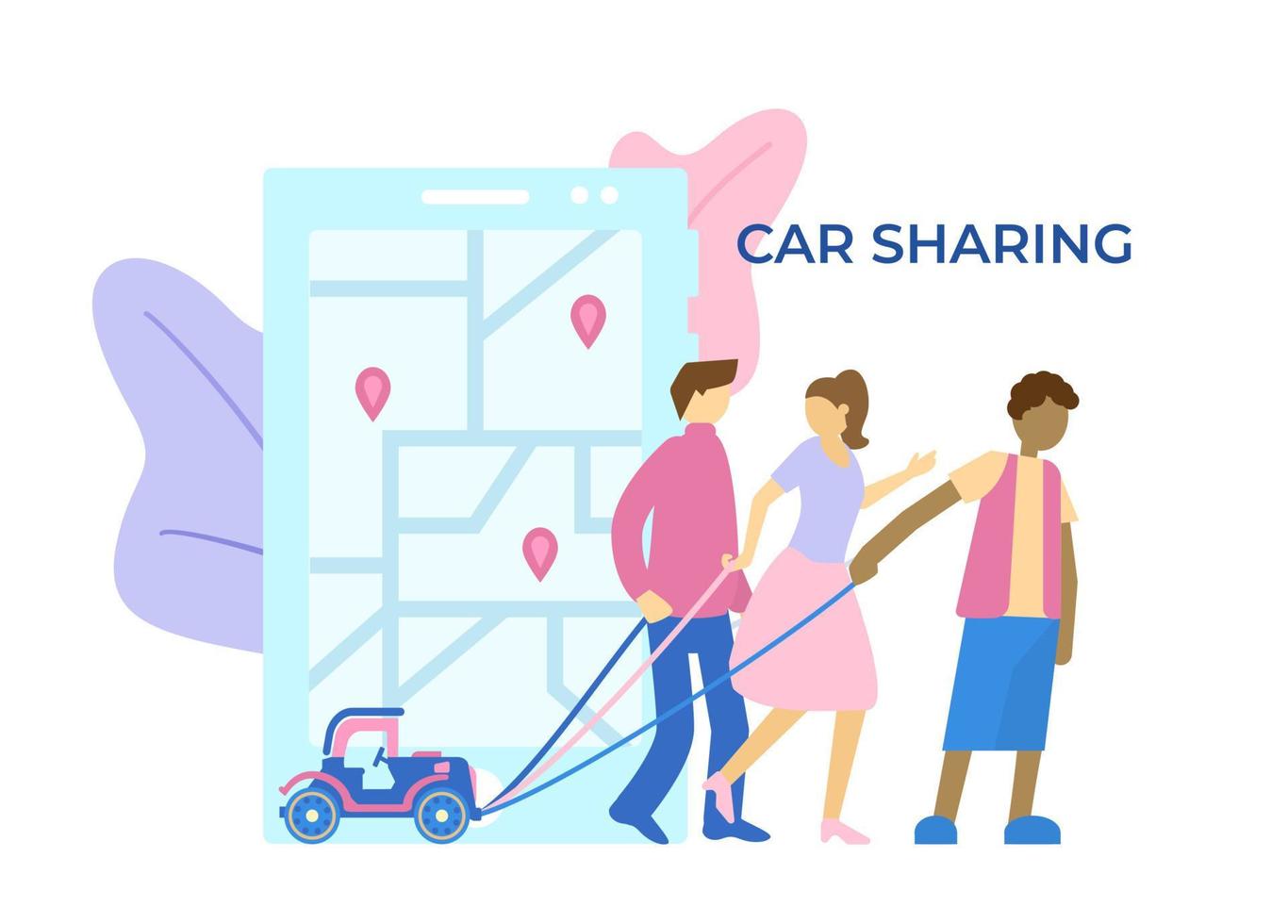 Car sharing concept. Different adult people pulling together toy car by ropes. Smartphone with carsharing application opened in the background. Collective ownership concept. vector