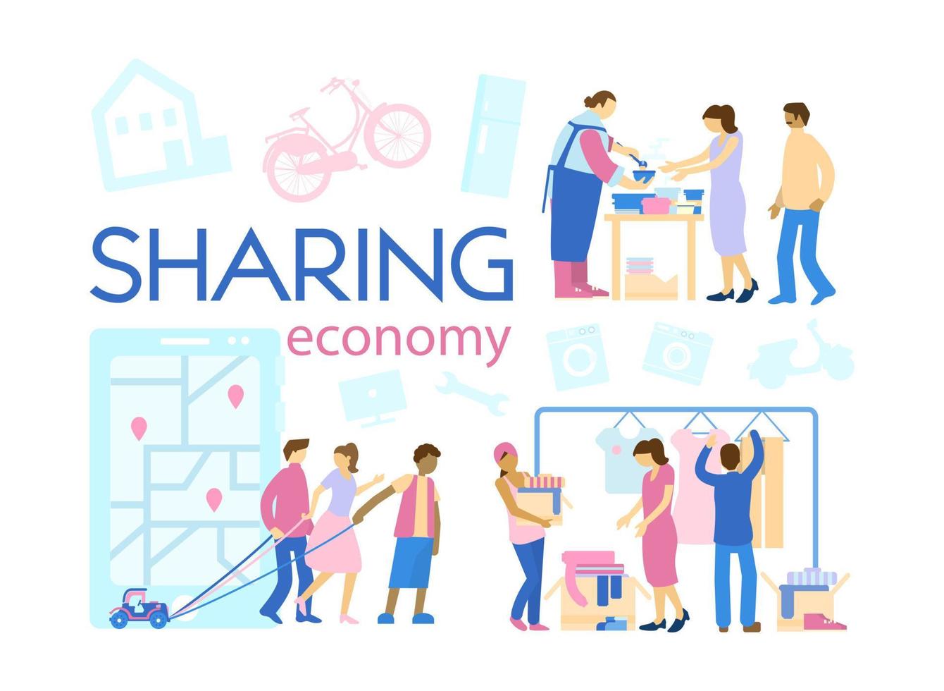 banner de concepto de economía compartida. diferentes aspectos de la economía colaborativa. Car sharing, donación de comida y ropa. vector