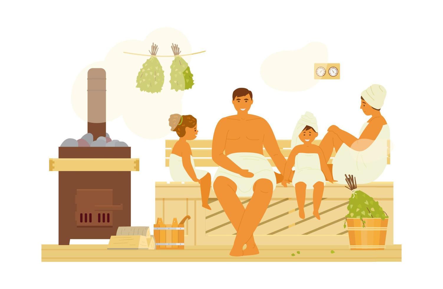 familia con dos niños en sauna o banya con mucho vapor. interior de la casa de baños con banco de madera, calentador, cubos, escobas de abedul. ilustración vectorial plana. vector