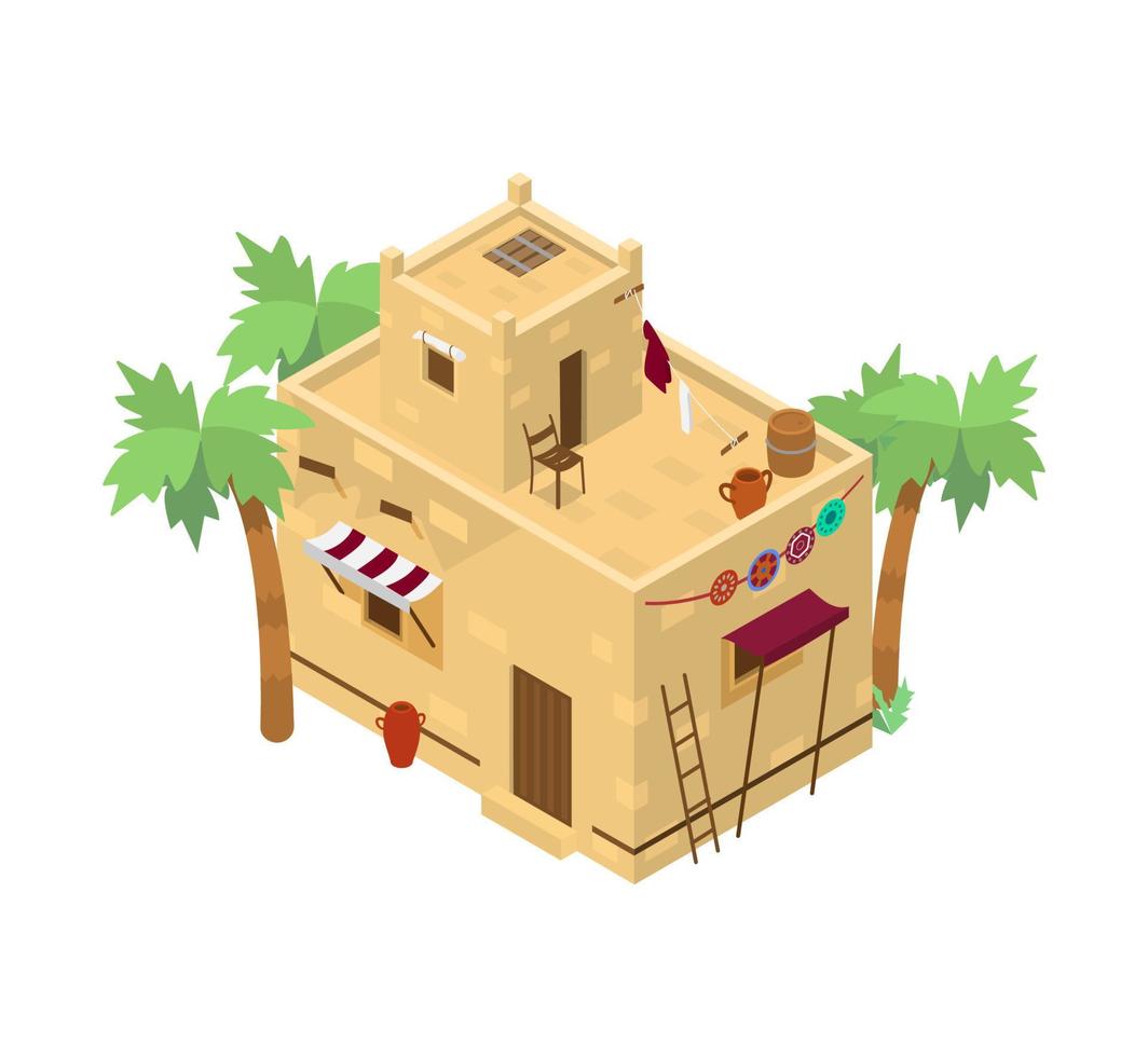 Isometric Middle Eastern building with lots of details. Mud brick house. Traditional arabic architecture. vector