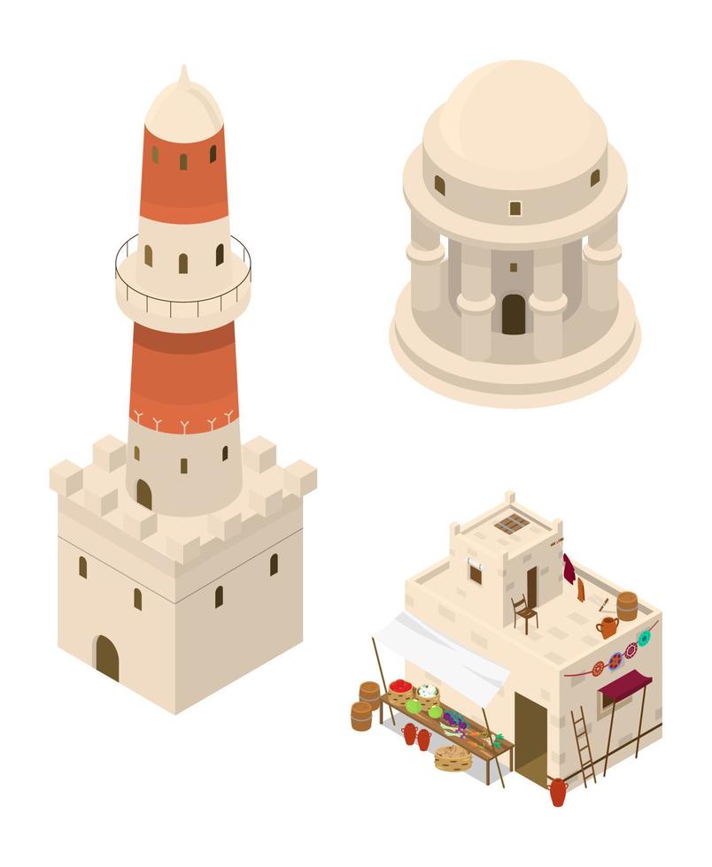 Vector set of isometric arabic buildings. Market place, tower, rotunda. Middle Eastern traditional architecture. Mud brick buildings.
