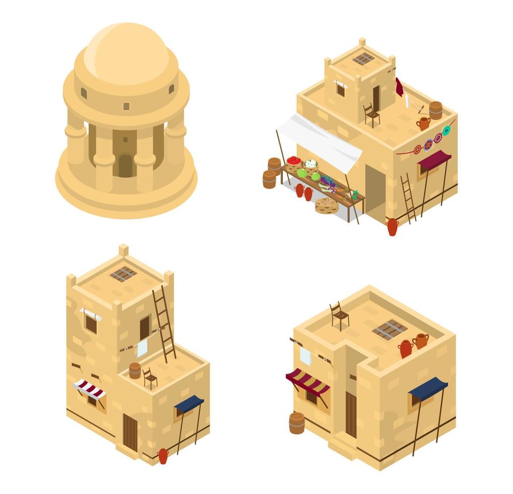 Vector set of isometric arabic buildings. Middle Eastern traditional architecture. Mud brick buildings. Rotunda, market, living houses.