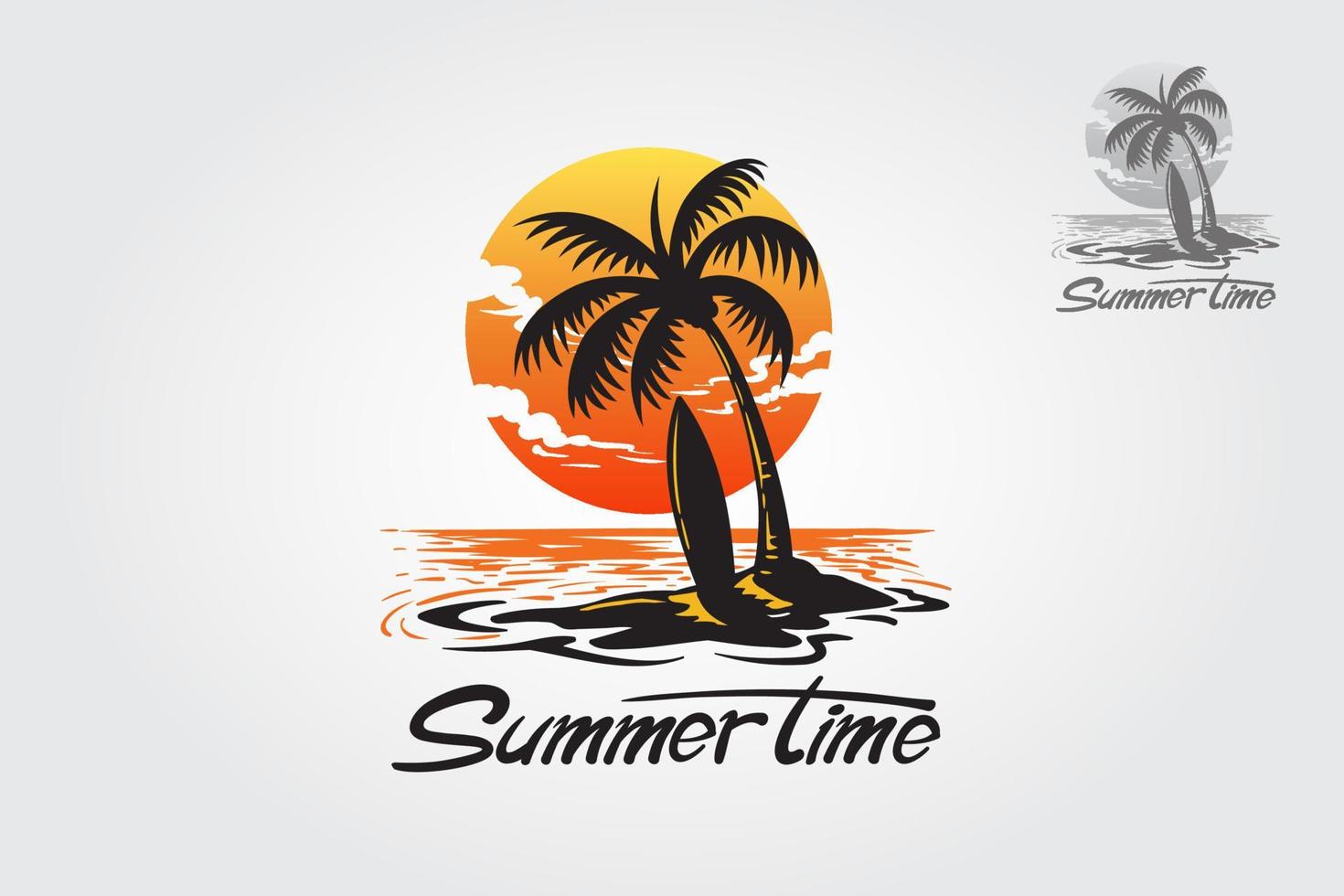 ilustración de logotipo de vector de horario de verano. olas de agua con sol, palmeras y playa, para restaurante y hotel. El logotipo de palm beach es totalmente personalizable, se puede editar fácilmente para adaptarlo a sus necesidades.