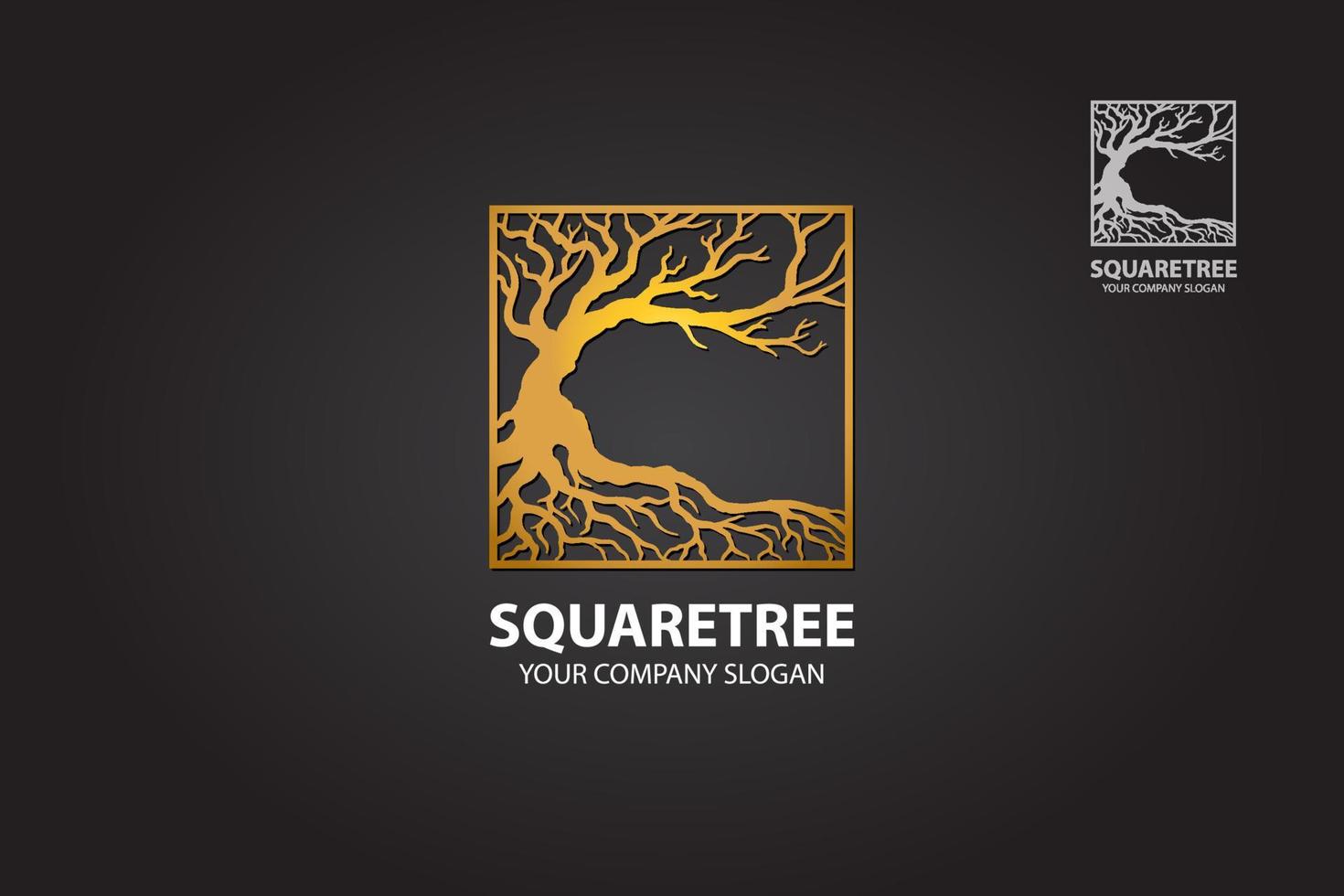 Square Gold Tree Vector Logo Illustration. Logo of a stylized ancient tree in rounded square shape.