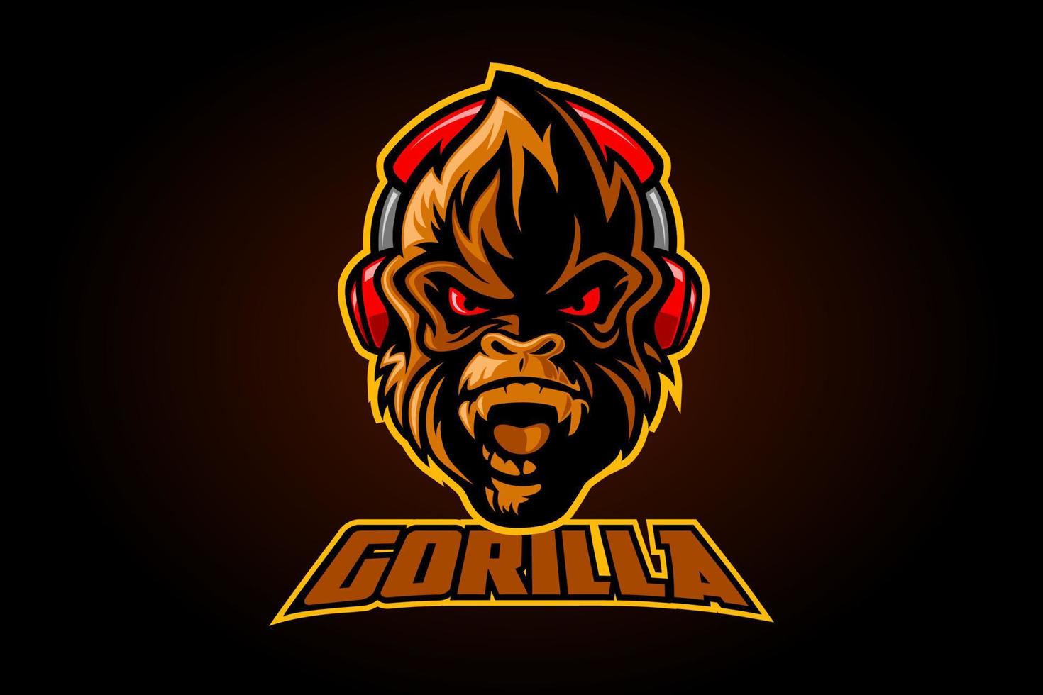 ilustración del logotipo de la mascota del gorila, cabeza de gorila seria en los auriculares sobre un fondo negro. vector