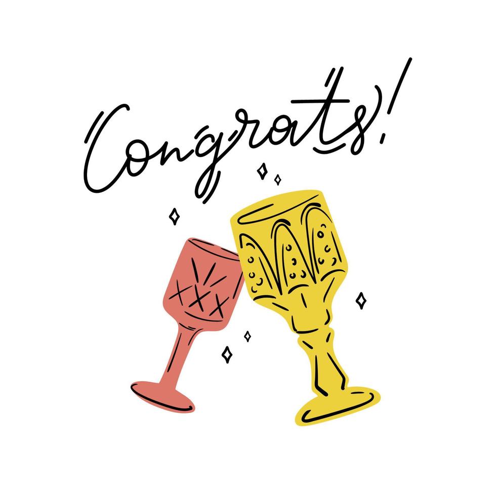 Congrats lettering with hand drawn wine glasses. Minimalistic greeting cards design vector
