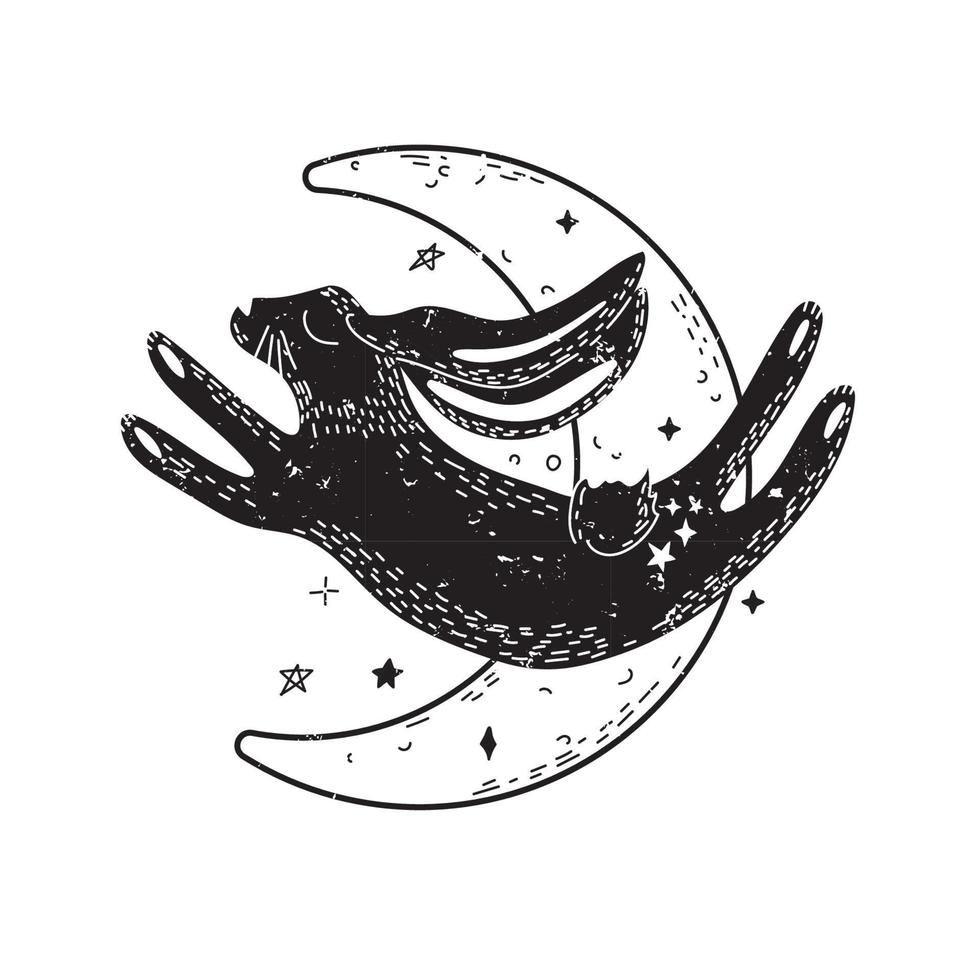 Magic rabbit and moon in Scandinavian style. Minimalist mystic hare. Black and white. vector