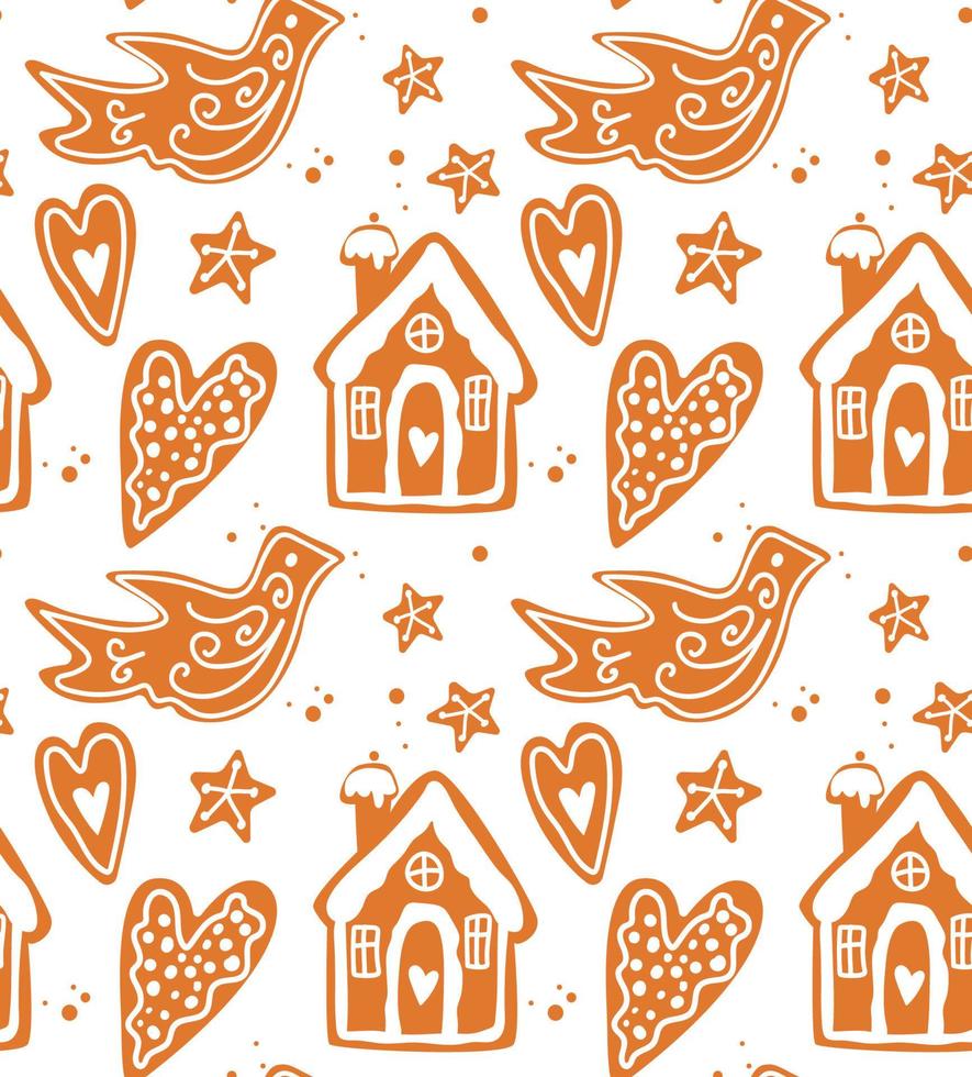 Gingerbread houses, hearts and birds. Christmas Hygge Seamless pattern. Brown colors. vector