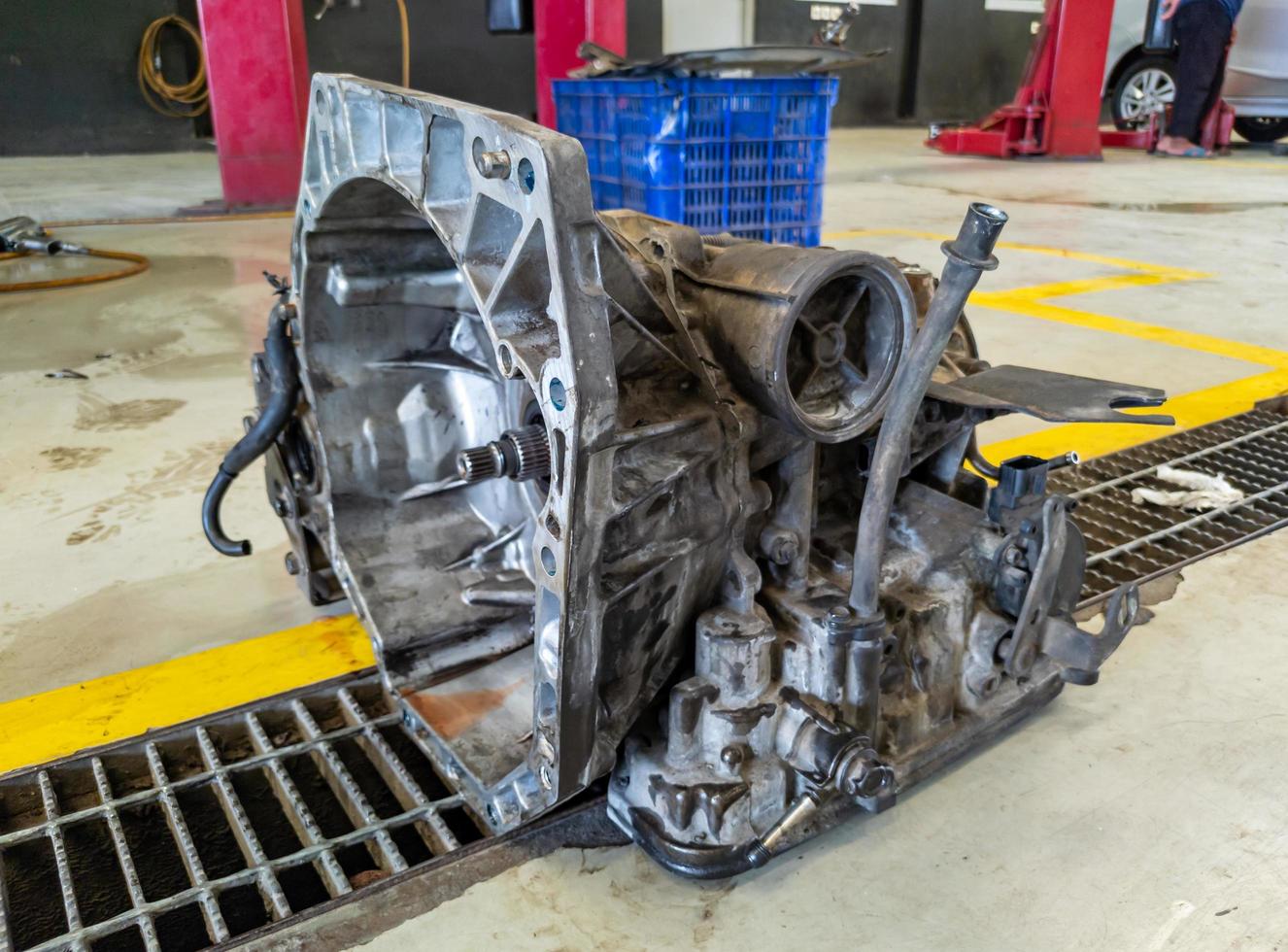 Automatic transmission or automatic transaxle being repaired at an auto