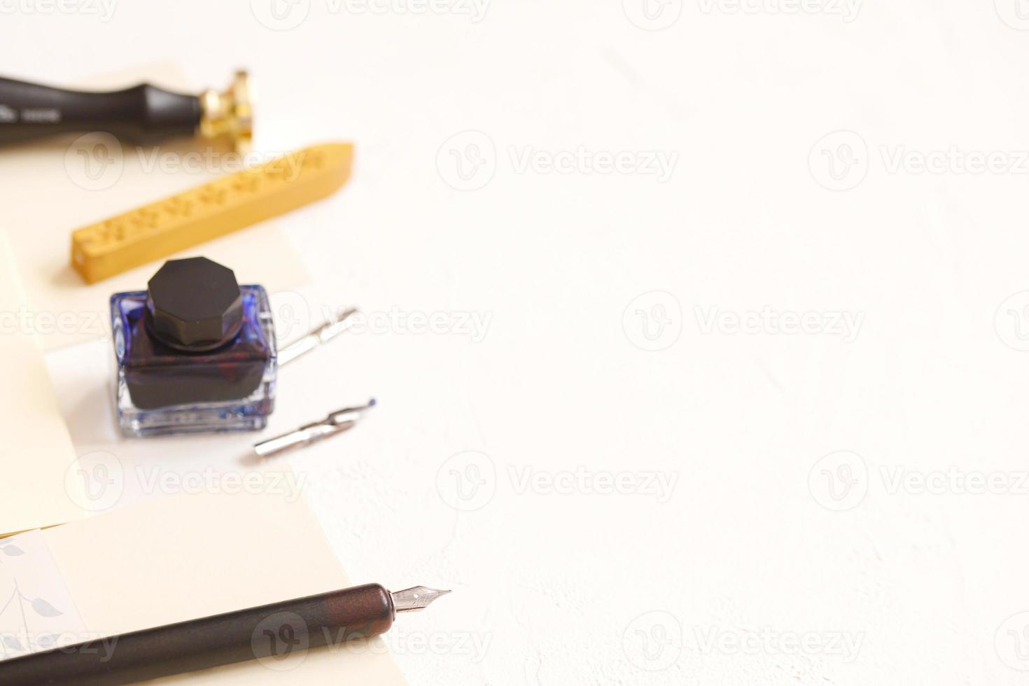 Calligraphy. Set of vingate fountain pens. Artistic equipment. Calligraphic accessories photo