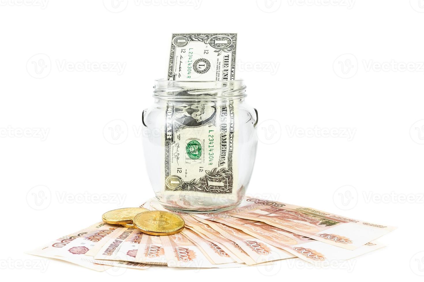 Dollar and bitcoin white background photo